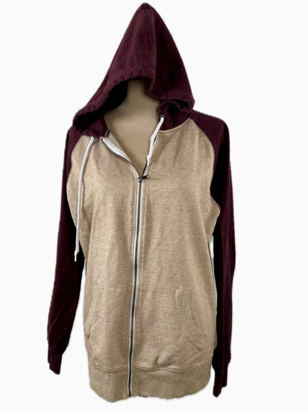 BDG Two-Tone Zip Hoodie in Burgundy and Beige